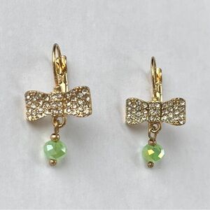 🎀 Crystal-Encrusted Gold Bow Earrings with Green Bead Accents